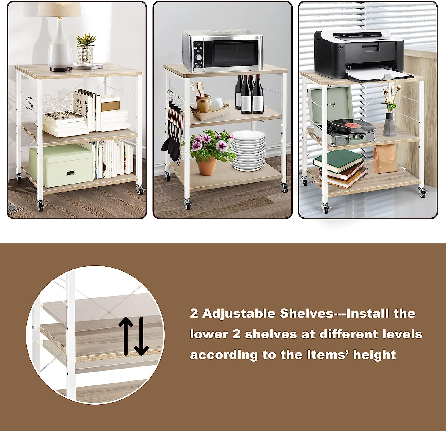 Giantex 3-Layer Kitchen Bakers' Rack Microwave Stand, Kitchen Rolling Cart with 4 Universal Wheels and 10 Removable Hooks, Coffee Cart Shelf Organizer for Living Room, Entryway (Natural)