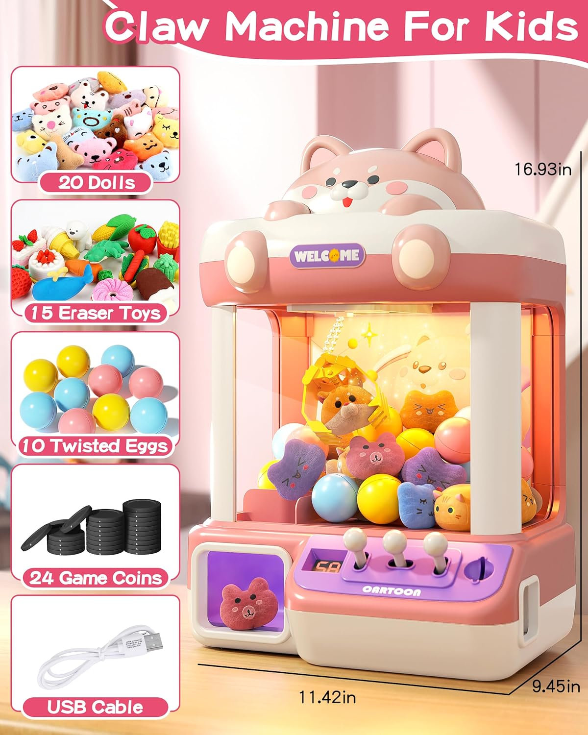 Jovow Claw Machine for Kids, Mini Vending Machine with Music, Prize Dispenser Toys for Girls and Boys, Electronic Claw Game Machine for Party Birthdays, Includes 45 Mini Toys (Large) image number 5