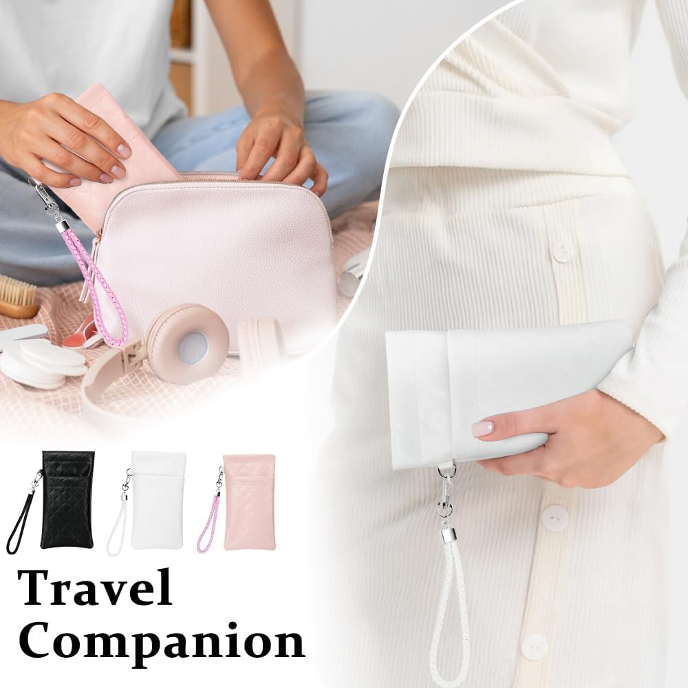 RETON 3 PCS Double Eyeglasses Case with Carrying Strap, Pink Black and White Color Sunglasses Pouch Soft Portable PU Leather Case for Women Men image number 4