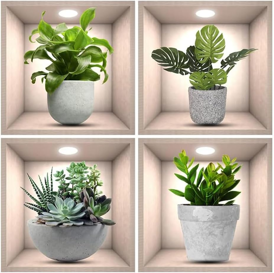 4 Pcs Green Pot Plants Leaves Wall Decals, 3D Bonsai Plant Wall Sticker, Living Room Dining Room Bedroom Decor, 30 * 30Cm, Peel and Stick image number 1