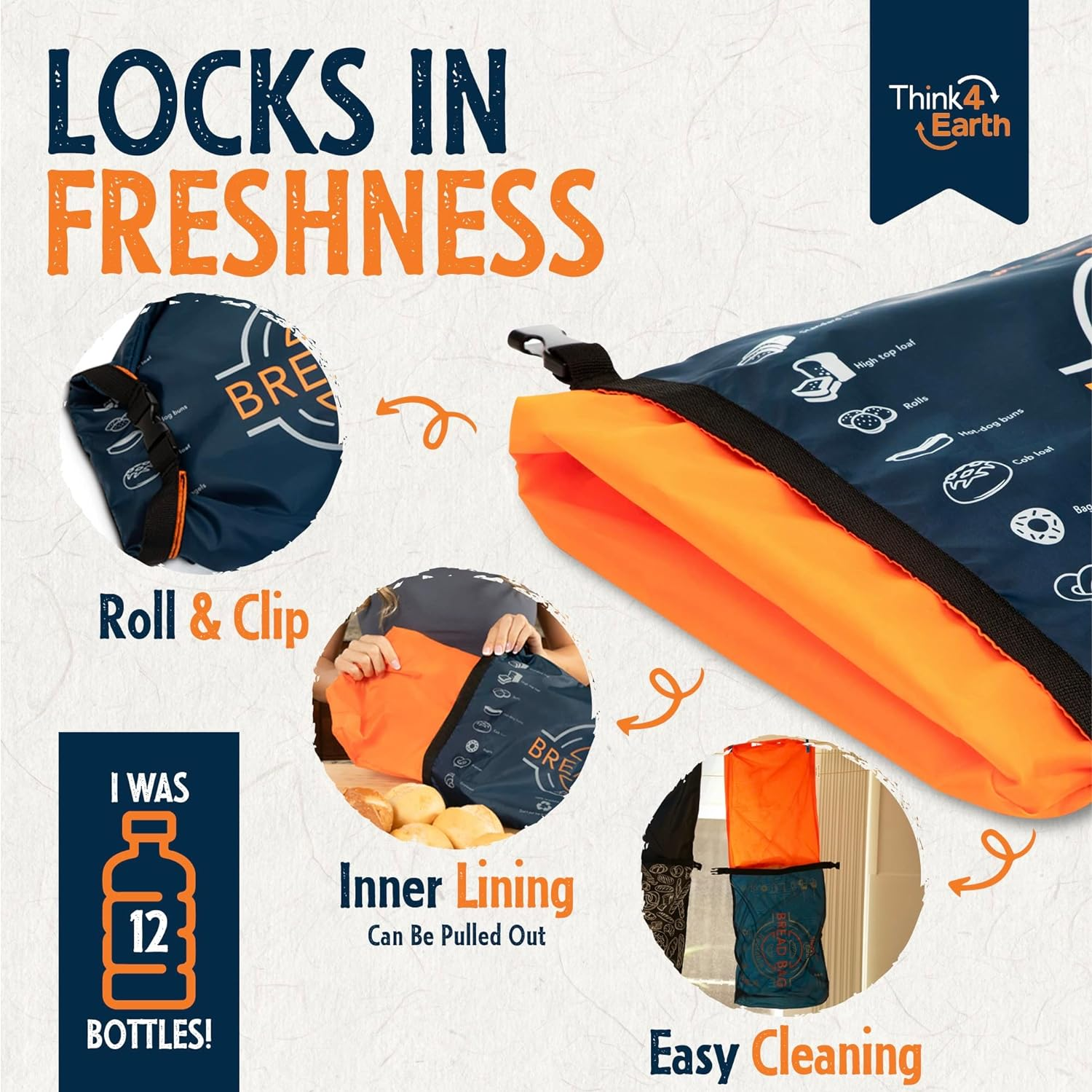 Think4Earth - (2 Pack) Bread Bag - Reusable Freezer Bread Bag for Homemade Bread Maker Gift Giving - Bread Container for Sourdough Loafs Storage, Large Bread Bags for Homemade Bread with Lining image number 3