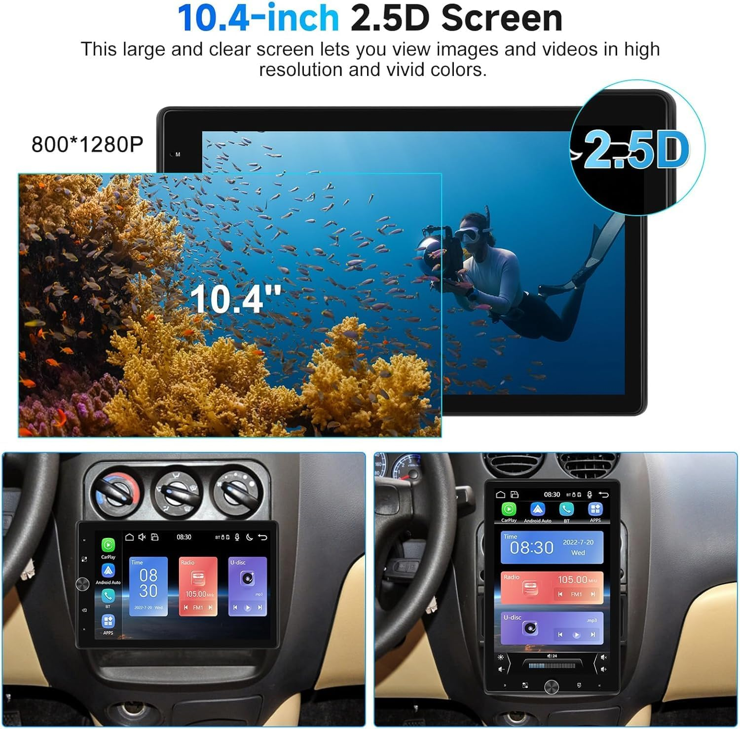 10.4 Inch Single Din Radio Car Stereo with Wireless Carplay Android Auto,Rotatable Touch Screen Head Unit with Bluetooth/16-Band EQ Audio/Mirror Link/Swc/Fm/Usb/Tf Backup Camera image number 3