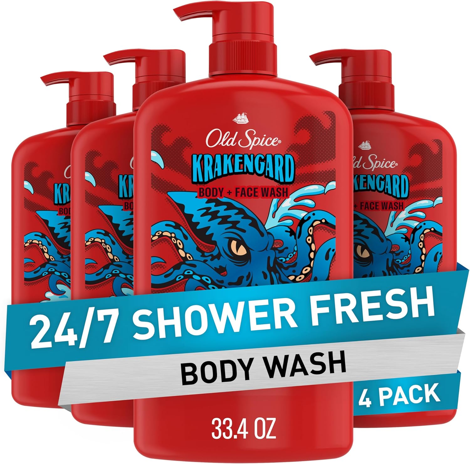 Old Spice Cleansing Body Wash for Men, 3X Defense, 24/7 Shower Fresh with Lasting Scent, 2-In-1 Body & Face Wash, Krakengard with Deep Ocean Scent, 33.4 (Pack of 4)