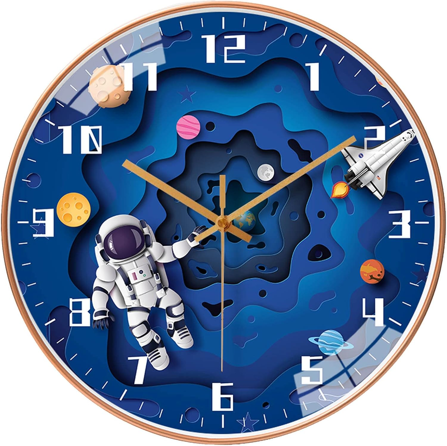 QINFIEY 12 Inch Silent Movement Kids Wall Clock, Non Ticking Children round Wall Clock Battery Operated Space Travel Style Decor Children Clock for Home School Boys Bedroom Living Room (Blue)