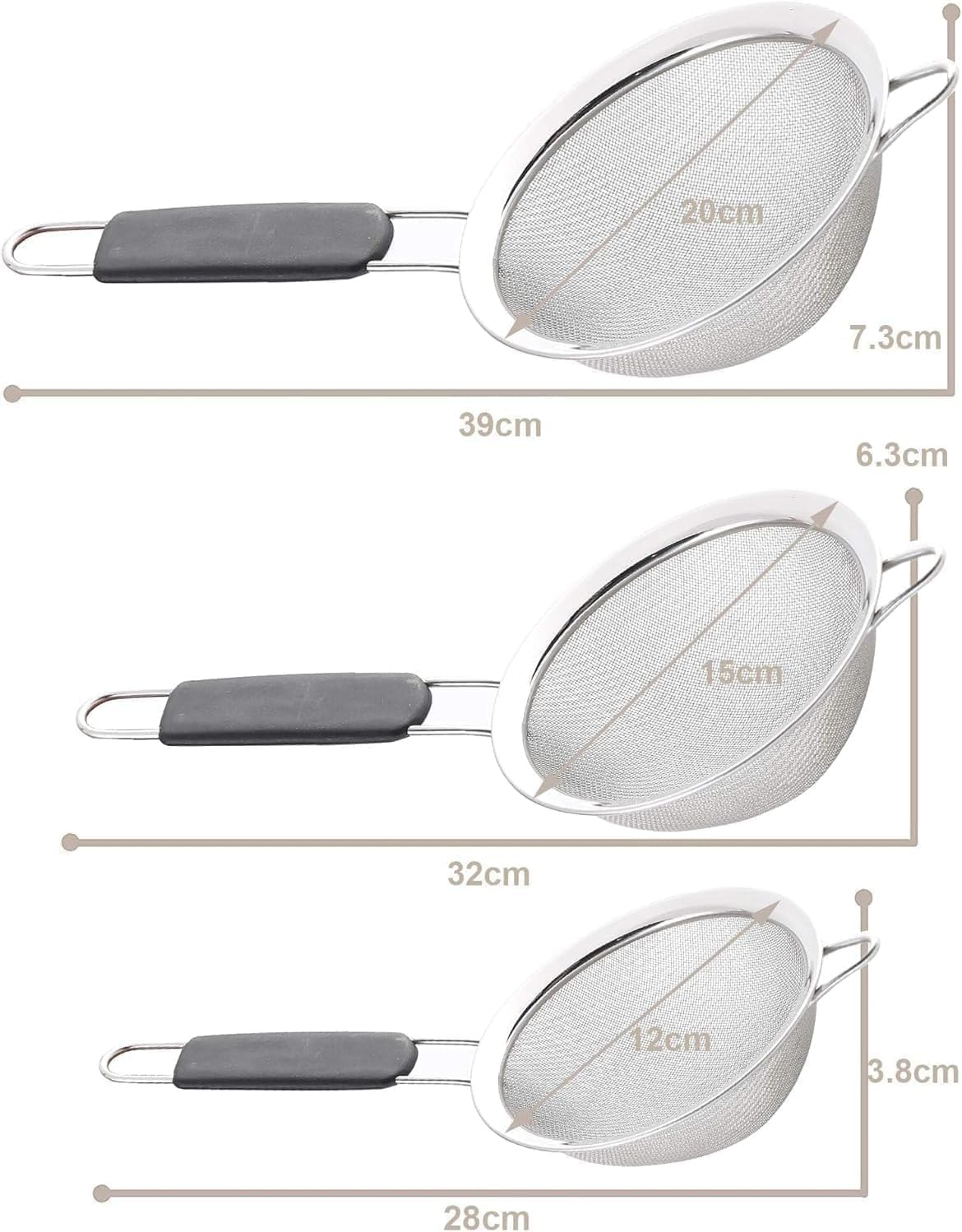 3 Pack Stainless Steel Extra Fine Double Mesh Strainers, Large, Medium & Small Sifters with Comfortable & Non Slip Handles, Ideal for Pasta, Rice, Tea, Spaghetti, Quinoa, Baking image number 3