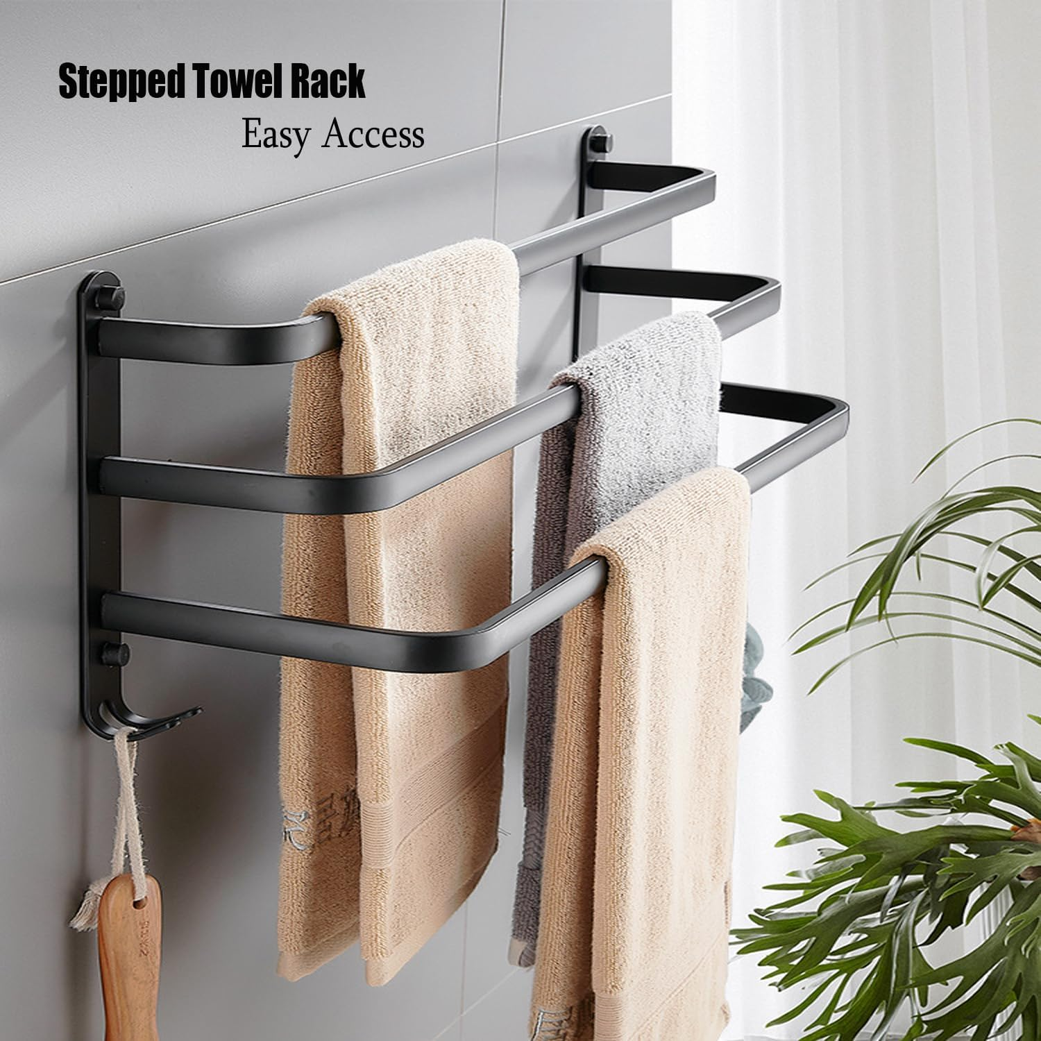 Towel Rack 60CM, Towel Rail Wall Mounted 3-Tier,Towel Rods with 2 Hooks, Bathroom Towel Holder Black Towel Bar, Modern Home Decor Bathroom Towel Rack, Frosted Black