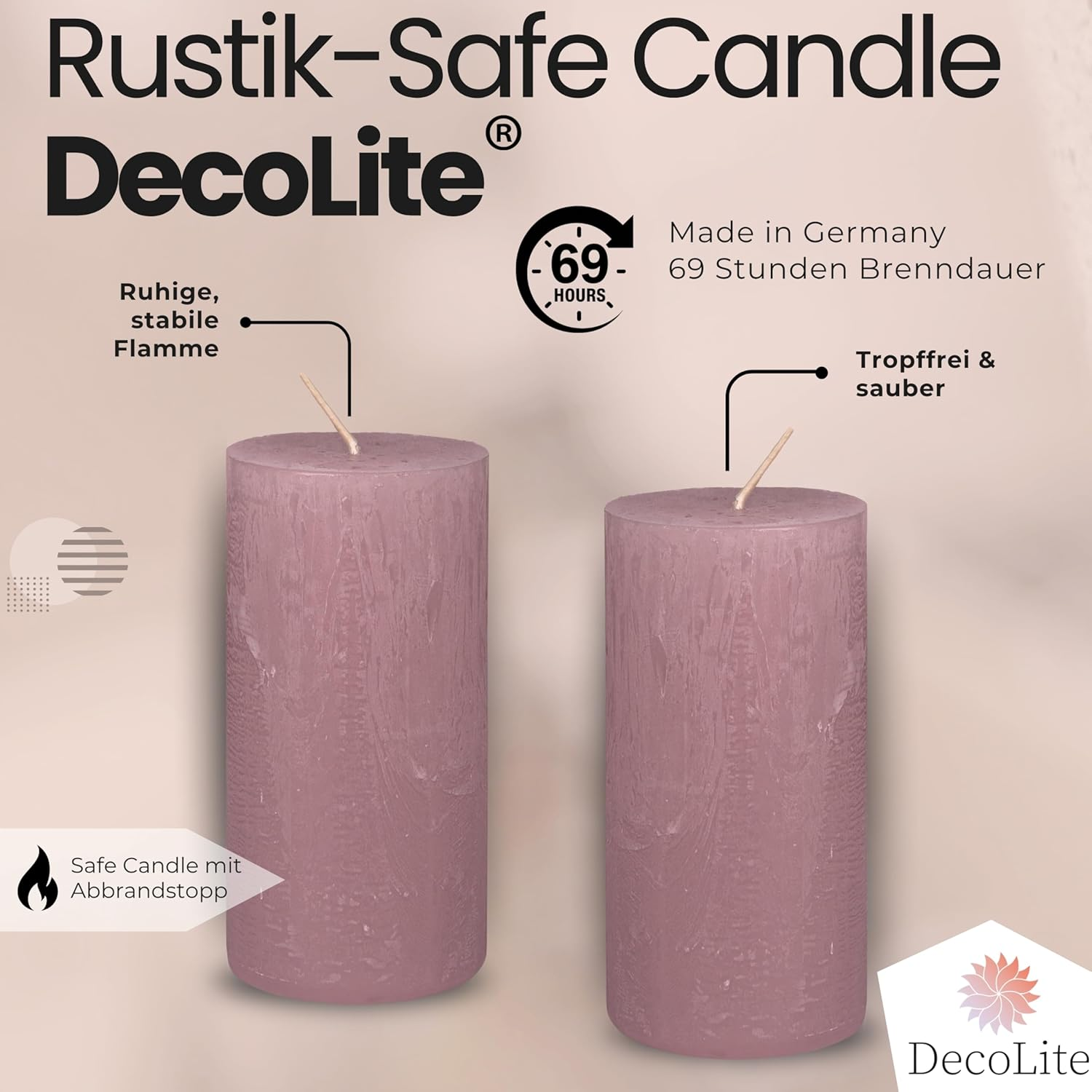 Rustic Pillar Candles, Set of 4, 140 X 70 Mm, Self-Extinguishing Safe Candle, Coloured RAL Certified, Burning Time Approx. 69 Hours, Made in Germany, Rustic Decorative Candles (Antique Pink) - Charcoal image number 5