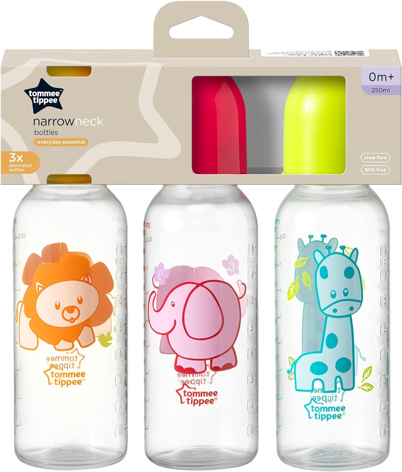 Tommee Tippee Narrow Neck Baby Bottles with Soft Silicone Slow Flow Teats, 250Ml, Pack of 3, 0 Months+ image number 1