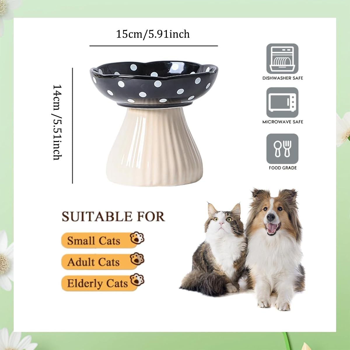 AIMALL Elevated Pet Bowl, Non-Slip Cat Feeding Bowl with Polka Dot Design, Food Grade, Suitable for Small, Adult and Senior Cats, 5.91 X 5.51 Inches image number 1