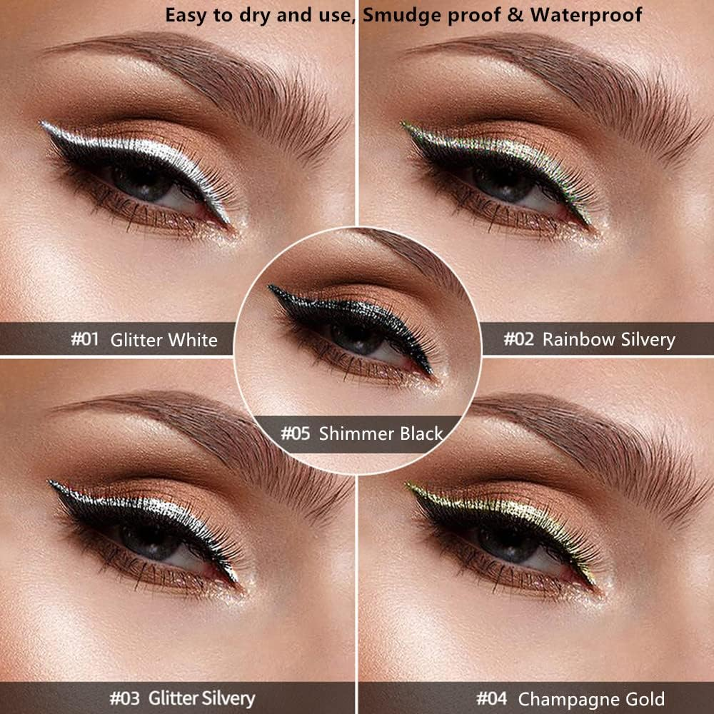 Go Ho Glitter Liquid Eyeliner Colorful Set,5 Colors Metallic Shimmer White Black Silver Gold Diamond Eyeliner,Glitter Eye Liner Sticks,Waterproof Long Lasting Sparkle Eye Makeup image number 5
