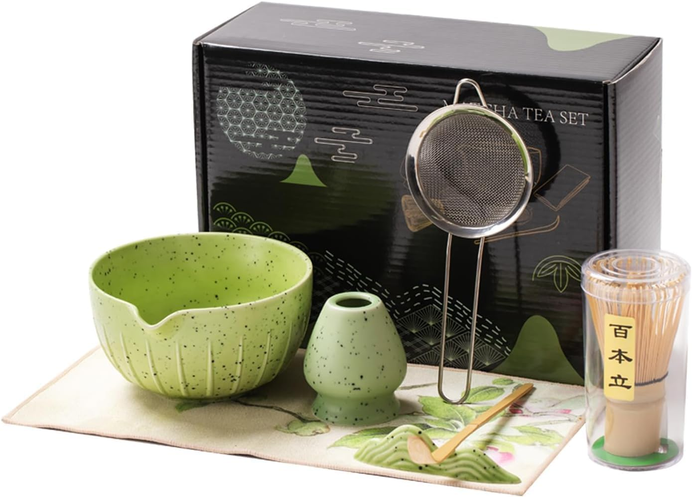 Matcha Whisk Set - 7Pcs Japanese Matcha Kit with Matcha Bowl, Matcha Whisk, Whisk Holder, Strainer - Elegant Matcha Set for Gifting and Personal Use, Gift Box Packaging (Green-7 Pcs)
