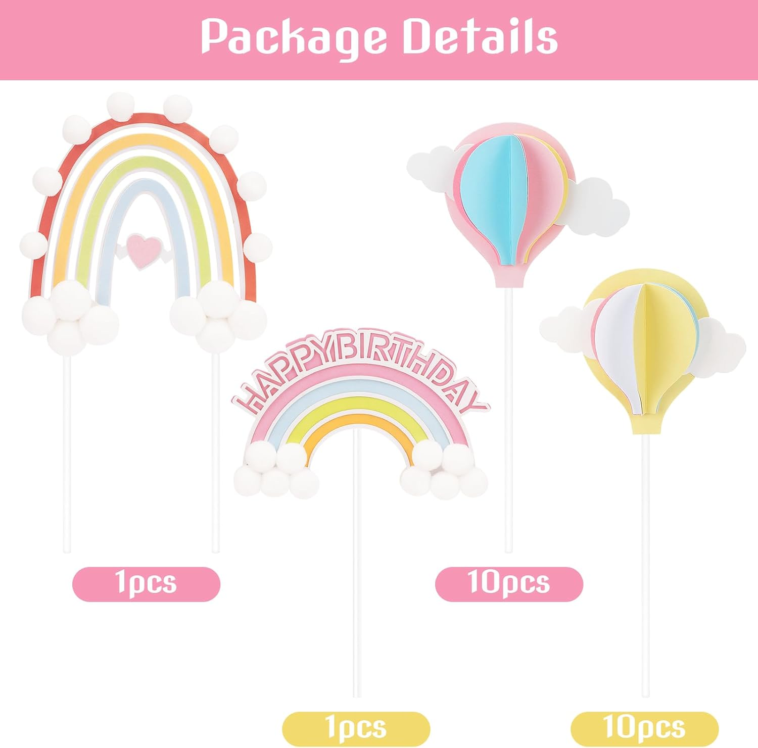Hannafires (22PCS) 2 Rainbow Pom Pom Cake Toppers & 20 3D Pink & Yellow Balloon Decorations &ndash; Heart-Shaped Cake Picks for Baby, Little Princess Birthday Parties & Baking image number 1