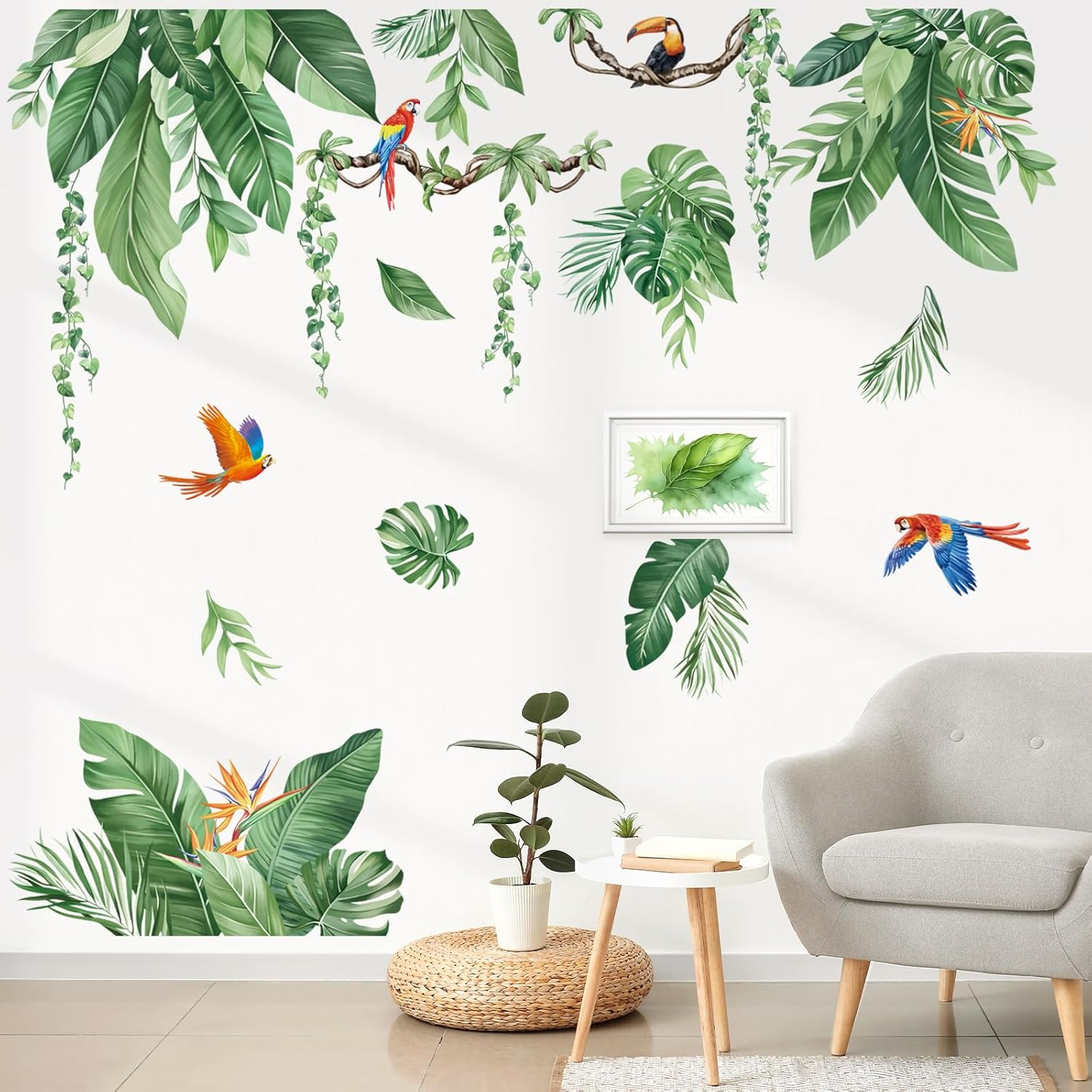 Decalmile Tropical Jungle Leaves Wall Decals Palm Leaf Hanging Vines Green Plants Wall Stickers Living Room Bedroom Tv Background Wall Decor image number 6