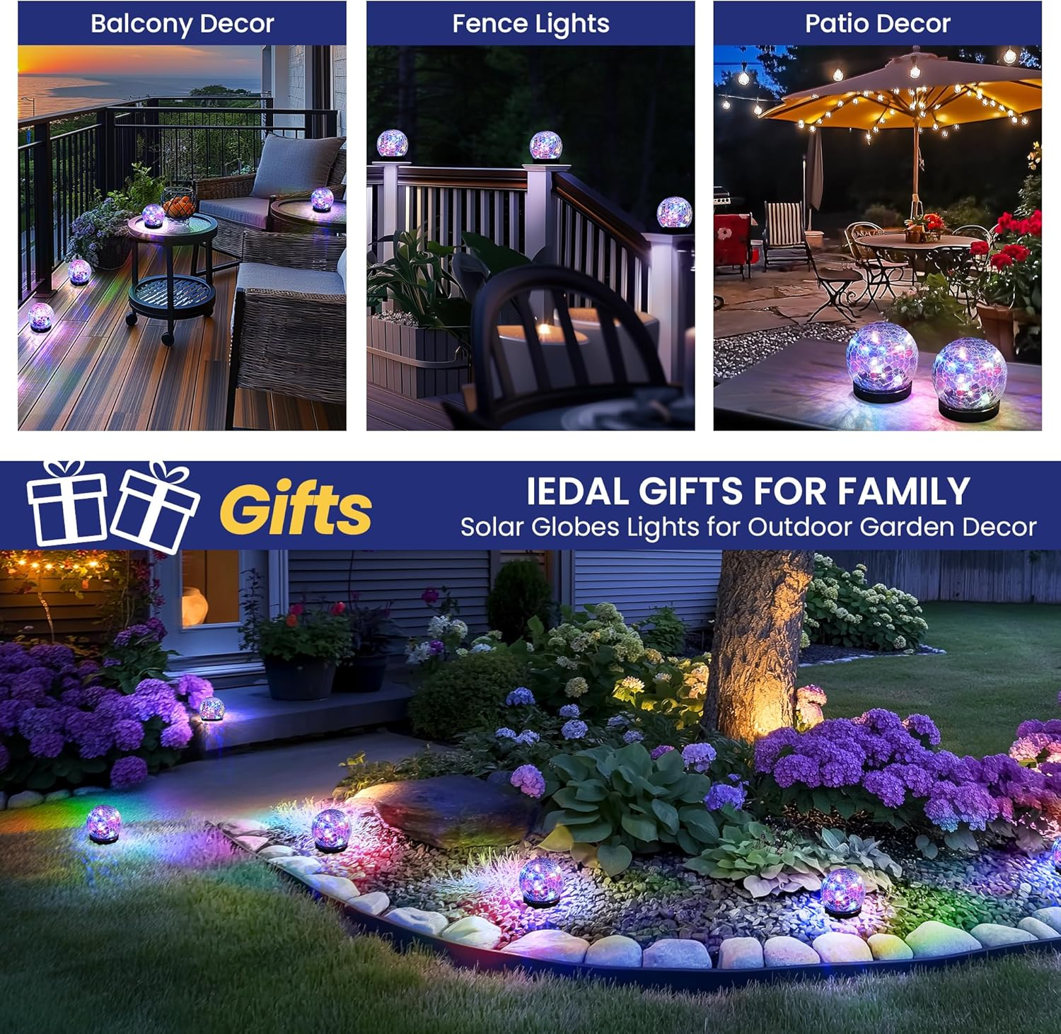 PATIOPIA Solar Lights Outdoor for Yard Patio Porch, Garden Decor Birthday Gifts for Mom Women, Solar Globe Lights Waterproof Cracked Glass Ball Outdoor Decorations Balcony Backyard (2 Pack Multicolor) image number 4