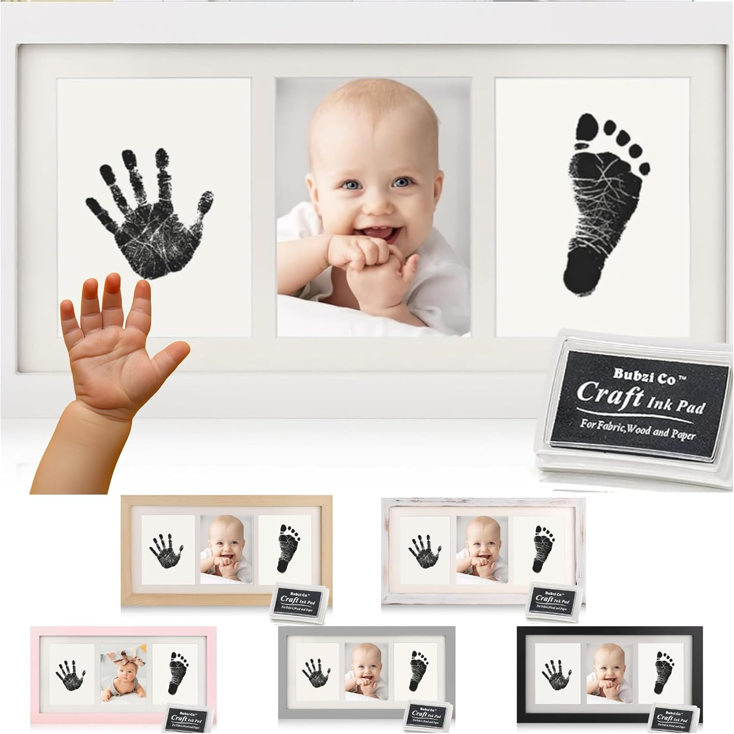 Bubzi Co Baby Handprint Kit & Footprint Photo Frame for Newborn Girls and Boys, Unique Baby Shower Gifts Set for Registry, Memorable Keepsake Decorations for Room Wall or Nursery Decor (White) - Ballet Pink image number 6