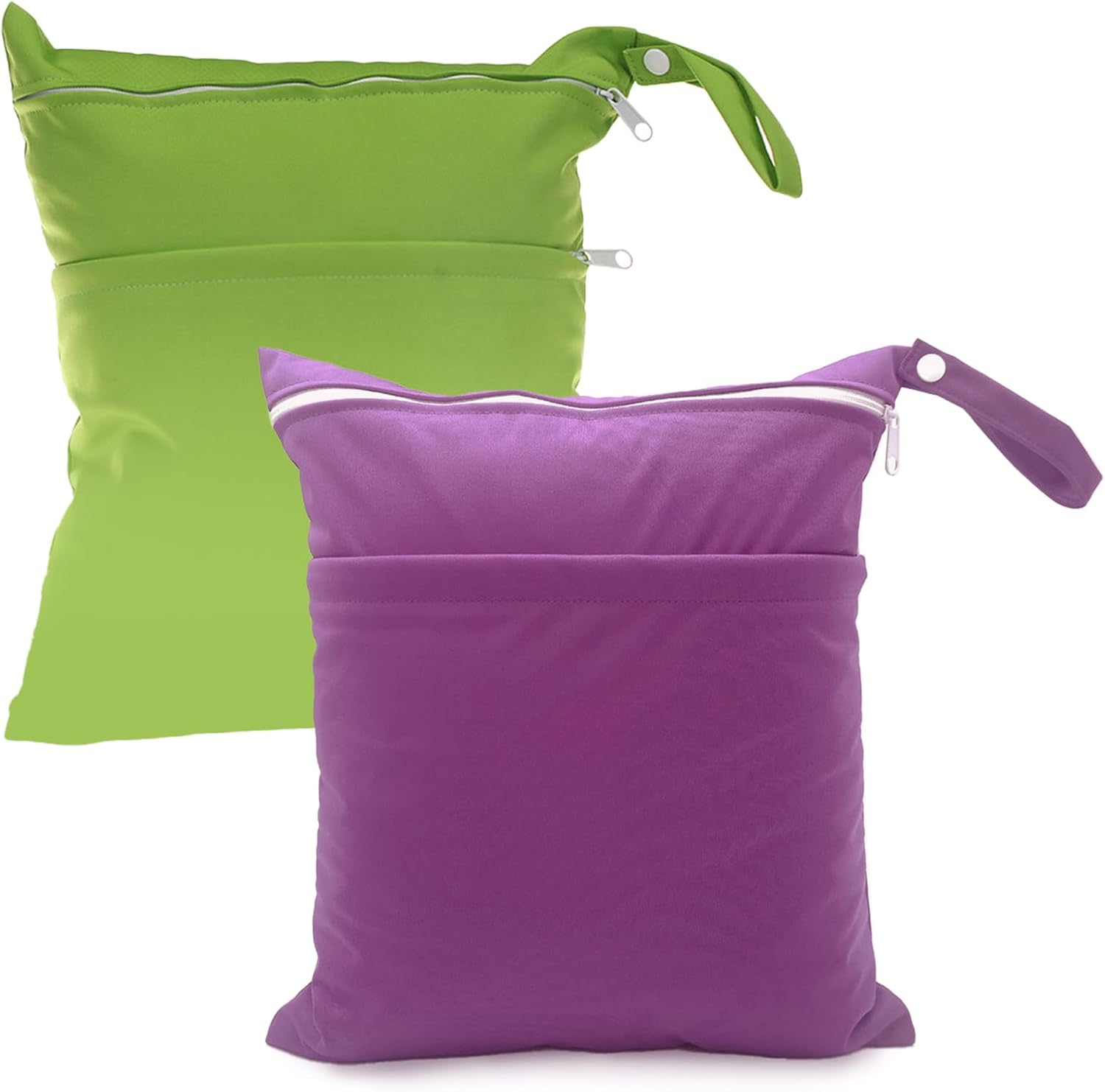 2 Pack Cloth Diaper Wet Bags - Double Zipper Pockets Waterproof Reusable Wet Dry Bag for Baby Diapers, Large Capacity with Wet Dry Separation (Green+Purple) image number 4