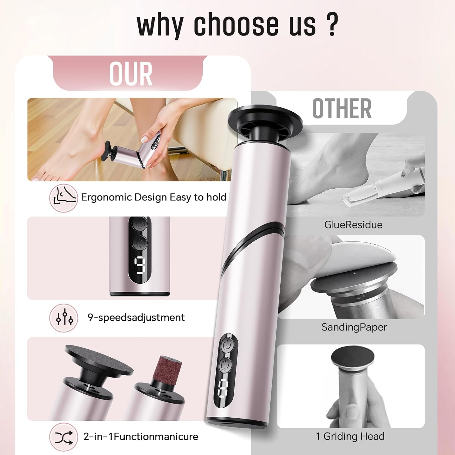 Electric Foot Callus Remover, Wireless 2-In-1 Rechargeable Foot File Callus Remover for Feet, Max 900RPM 9 Adjustable Speeds Foot Scrubber for Dead Skin Pedicure Cracked （1 Pack） image number 4