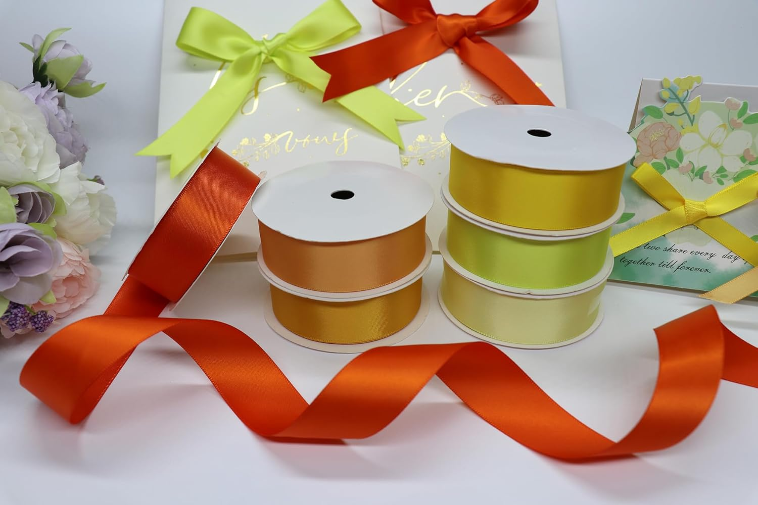 Satin Ribbon 1 Inch Fabric Ribbon, Yellow Ribbon Assortment Double Faced Ribbon for Gift Wrapping Flower Bouquet Wedding Party Decoration Hair Bows DIY Crafts- 10 Yards/Roll, Total 60Yds image number 5
