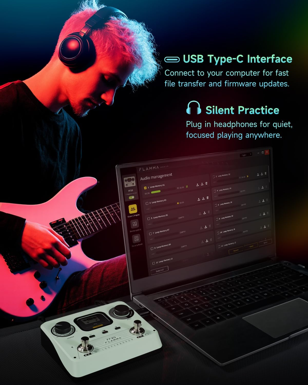 FLAMMA FF20 Looper Pedal Drum Machine, Drum Looper Guitar Pedal with Screen, 300 Min Recording, 220 Drum Grooves, 100 Loop Slots, Time Stretch, Auto Record, USB & Headphone Out, for Guitar and Bass image number 4