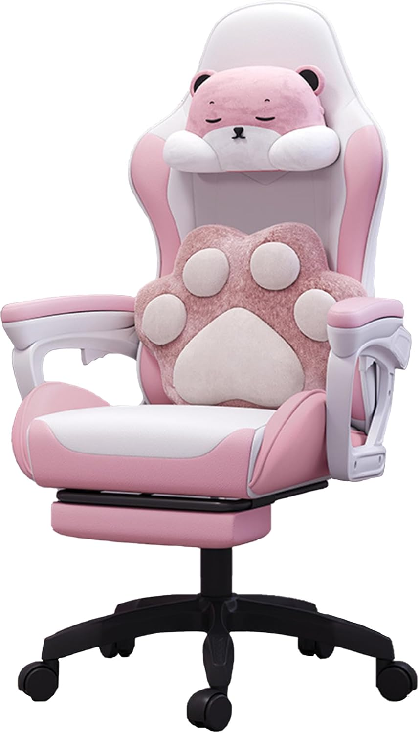 Blissfuldestiny Kawaii Gaming Chair with Retractable Footrest, Pink and White Bear Design, 120 X 70 X 52 Cm (Faux Leather, Black)
