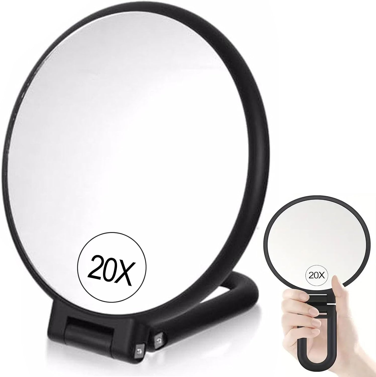 20X/1X Magnifying Mirror, Folding Mirror for Travel, Double-Sided Handheld Mirror with Handle, Foldable Cosmetic Mirror with 360&deg; Swivel, Foldable & Portable for Precise Makeup on the Go - Matt Black