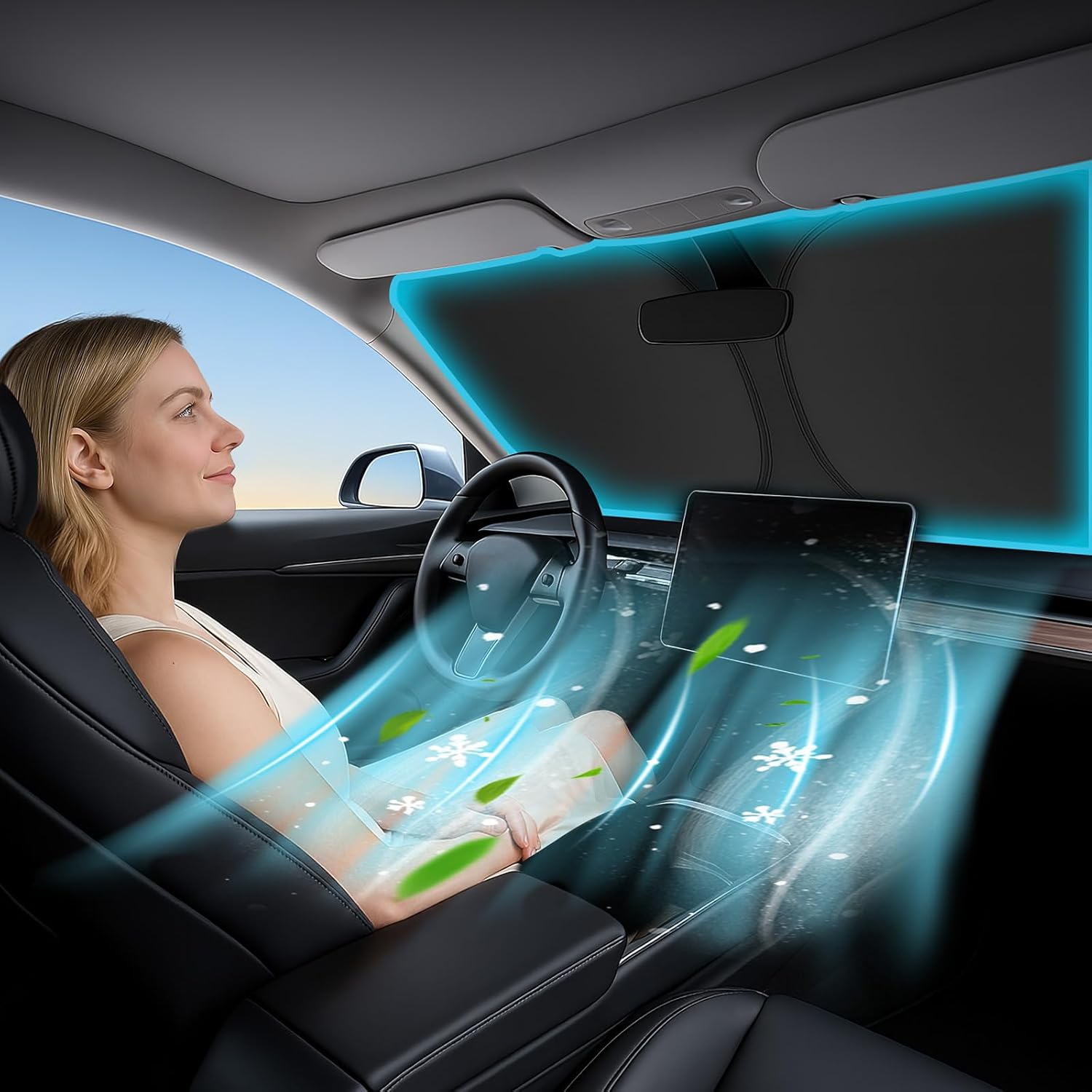 Windshield Sunshade for Hyundai Tucson 2022 2023 2024 2025 - Innovative No-Light-Pass Technology, Mirror Cut-Out, Blocks 99% UV Rays, Fade-Resistant, Easy-Fold Tucson Windshield Sun Shade image number 5