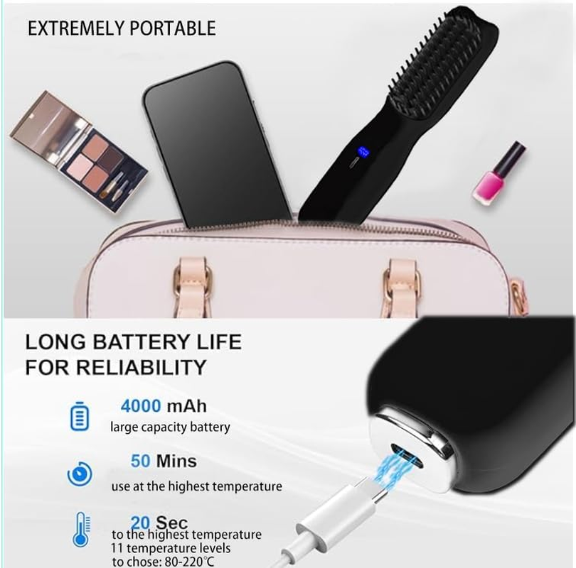 Hair Straightener Brush, Cordless Straightening Brush, Anti-Scald Straight Hair Brush, 2 in 1 Straightening & Curling Hair Brush, 11 Temp Settings, Fast Heating, Ceramic Plates, Portable