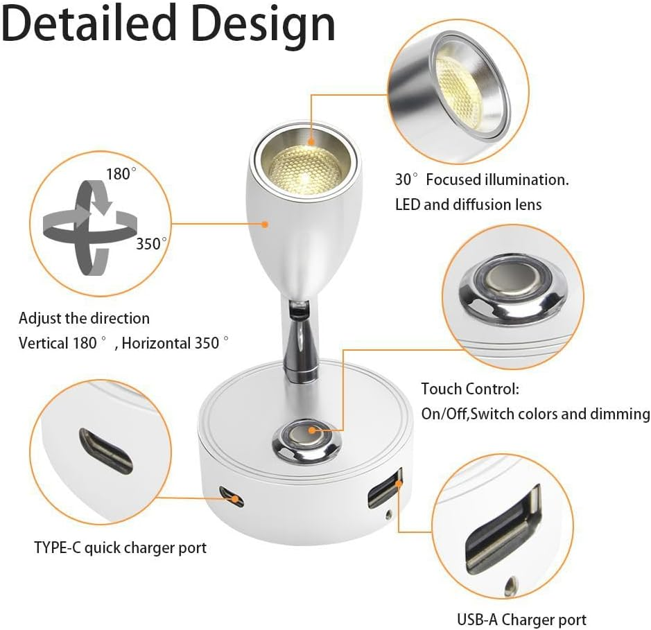 12V LED RV Reading Light with Dual Charging Ports, 3CCT Touch Control Dimmable12V Bedside Light Fixture Spotlight for Motor-House Camper Caravan Vehicle Vessel Boat Yacht (Silvery) image number 5