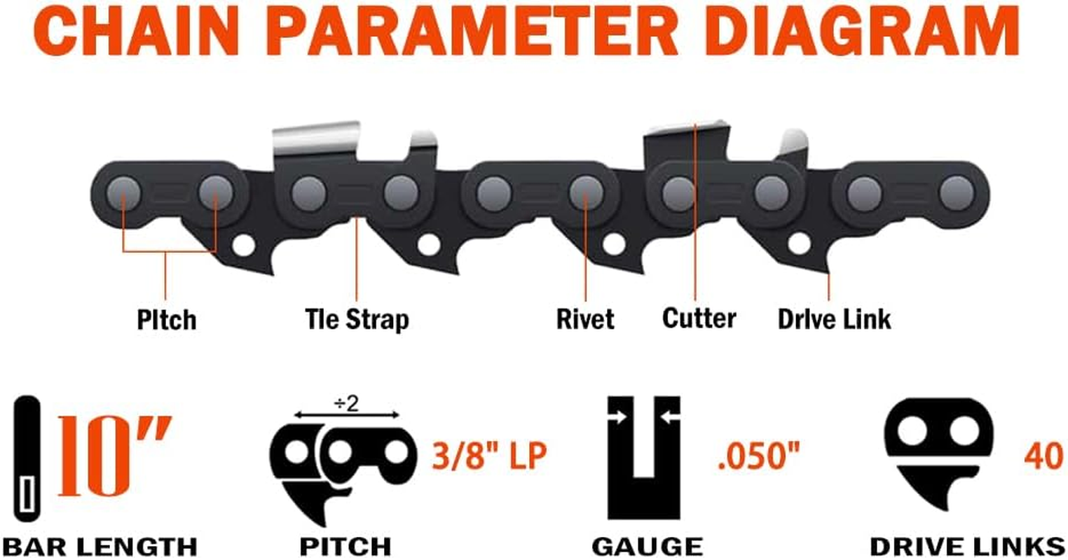 ABOVE LAND LB 3Pcs 10 Inch Bar Length Chainsaw Chain 3/8" LP Pitch 0.050" Gauge 40 Drive Links Semi Chisel Compartible for Makita UC2500DWB DC231T BUC250 UC250DW8 Compartible for Ozito PCS-254 image number 2