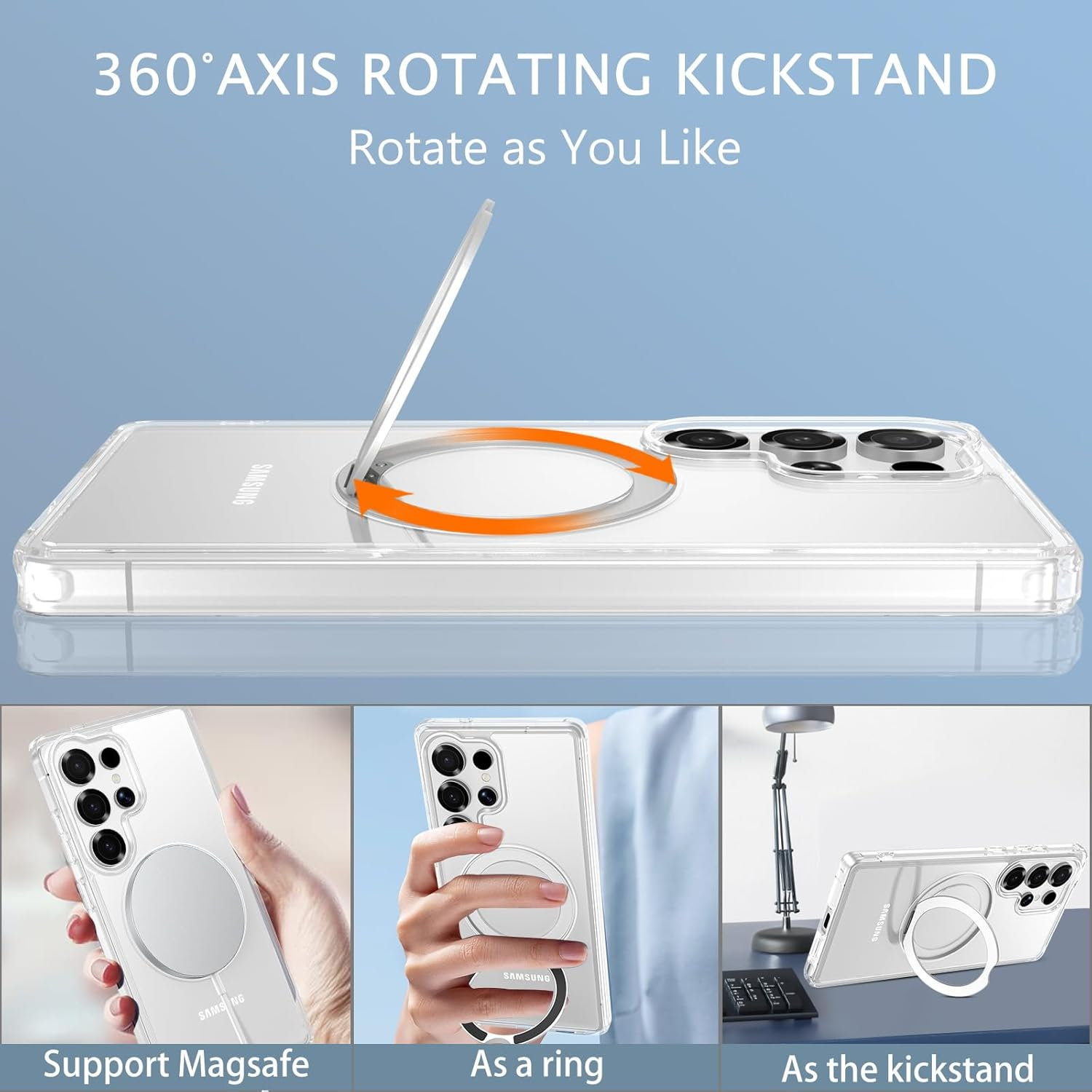 Telaso Case for Samsung S25 Ultra, Compatible with Magsafe Transparent 360&deg; Rotatable Ring Stand Magnetic Shockproof anti Slip Phone Case for Samsung S25 Ultra, Clear image number 2