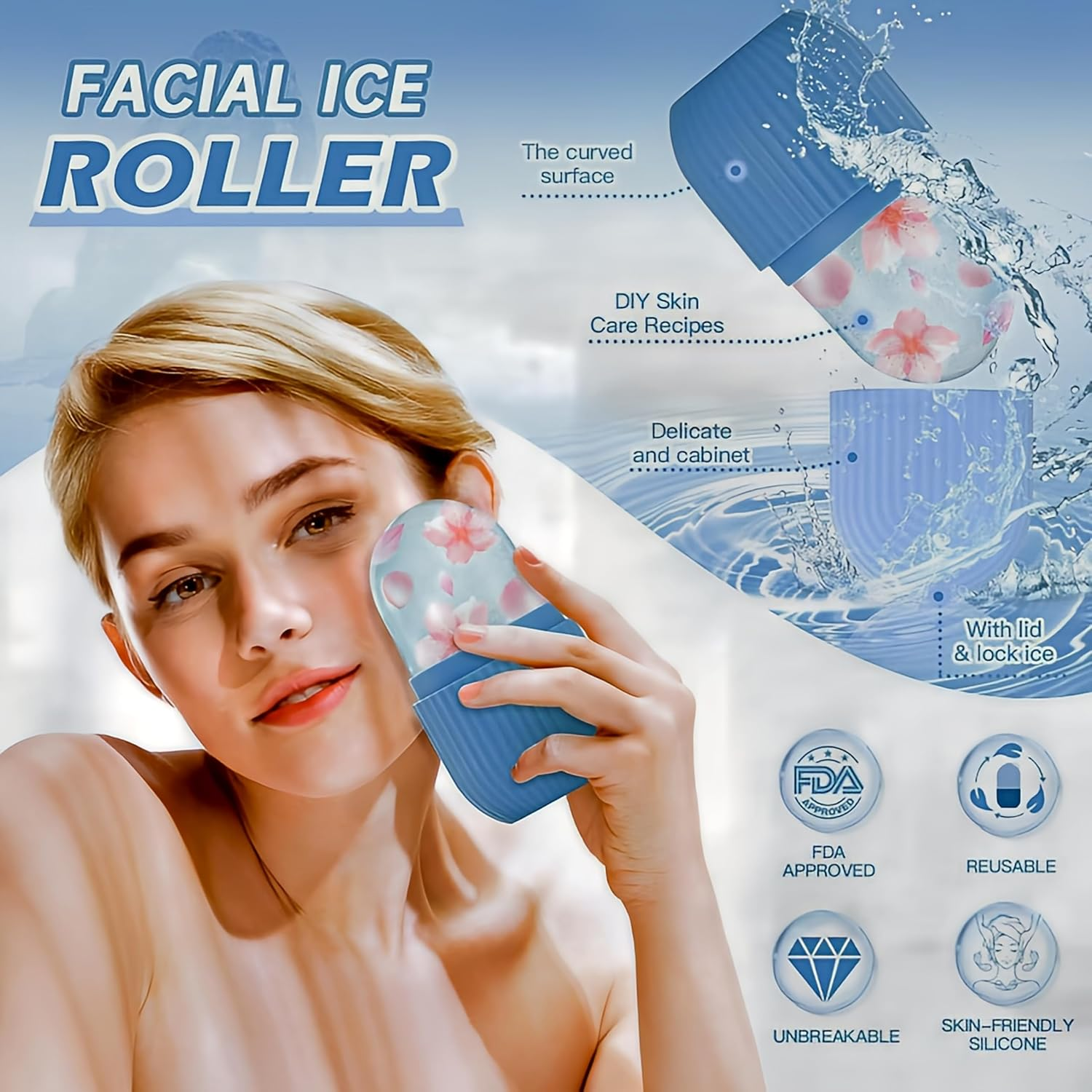 Tisko Ice Cube Roller Massager for Face, Eyes and Neck Naturally Conditioning and Skin Care,De-Puff Eye Bags,Reduce Migraine Pain,Reusable Massage Silicone Ice Mold (Blue) image number 1
