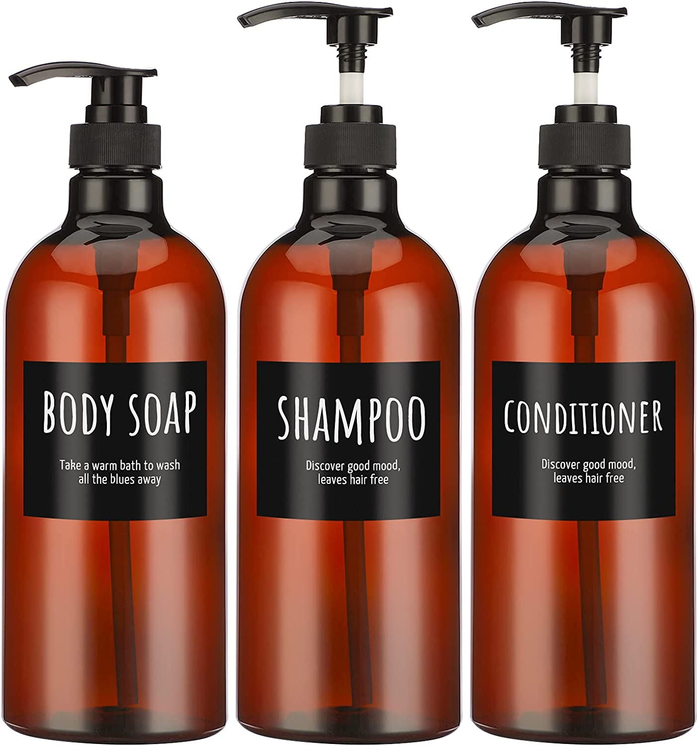 Segbeauty 32Oz Refillable Shampoo Bottles, Empty Shampoo and Conditioner Bottle with Pump, 3Pcs 1 Liter Lotion Dispenser for Body Soap Conditioner, Labeled Brown Plastic Press Dispenser
