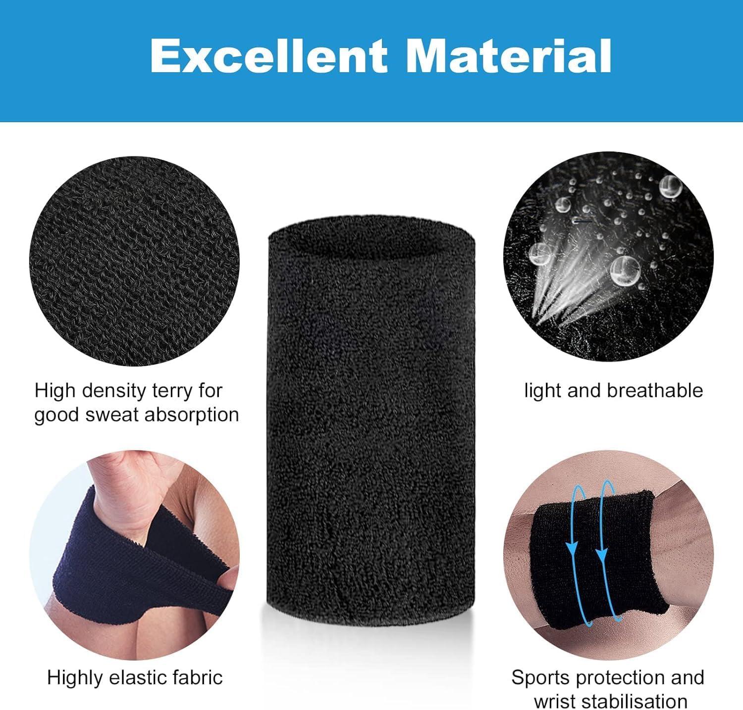 6Pairs Sports Wristbands Cotton Sweatband Wristbands Wrist Sweatband Wrist Sweat Band Elastic Wrist Sweatband - Grey image number 3