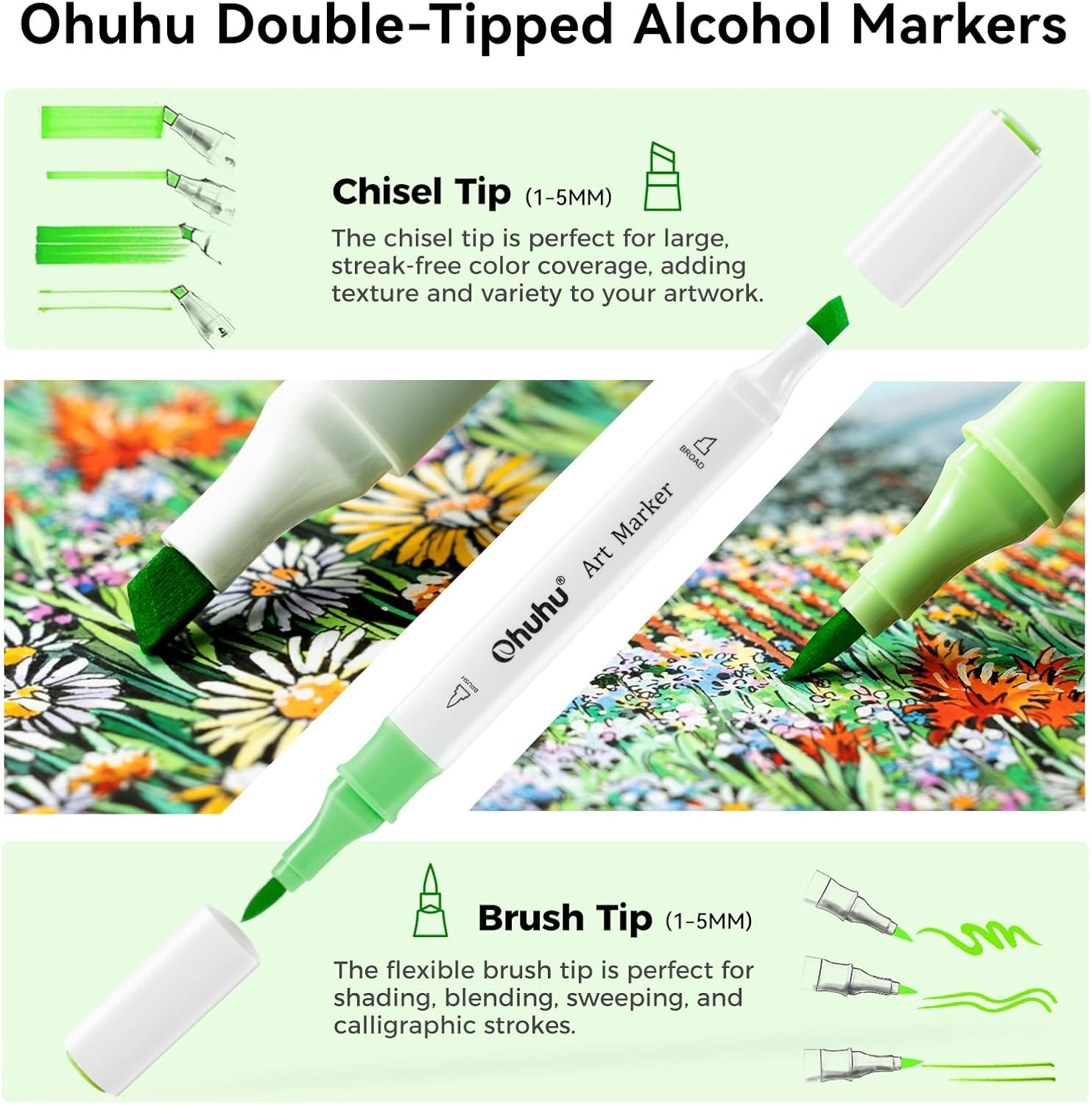 Ohuhu Markers Brush Tip: 48 Colours Double Tipped Art Marker Set for Kids Artists Adults Colouring Drawing Sketch Architectural Design - Brush Chisel Dual Tip Art Supplies with Marker Storage Box image number 1