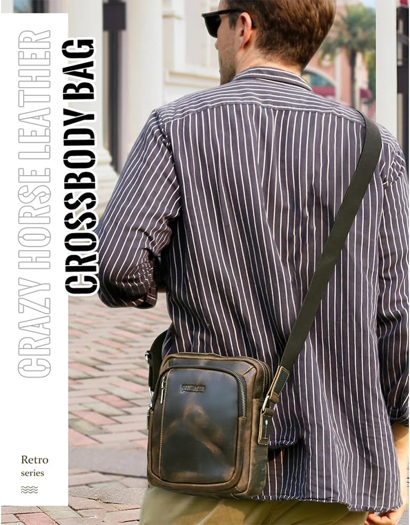 Contacts Crazy Horse Leather Small Messenger Bag for Men 7.6"X8.6" Crossbody Shoulder Bag Travel Ipad Sling Purse Brown Side Bag, Dark Brown image number 5