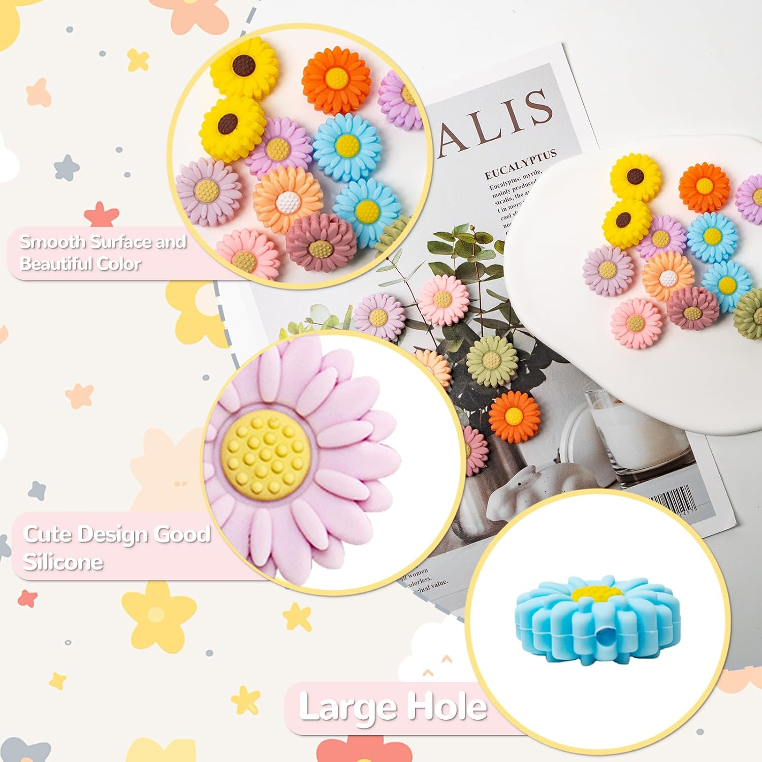 Binxus 20 Pcs Flower Silicone Beads Pen Charms for Beadable Pens 20Mm Beads for Pen Flower Beads for Jewelry Making Sunflower Beads for DIY Jewelry Keychain Making Crafts Pen Beads Accessories image number 5