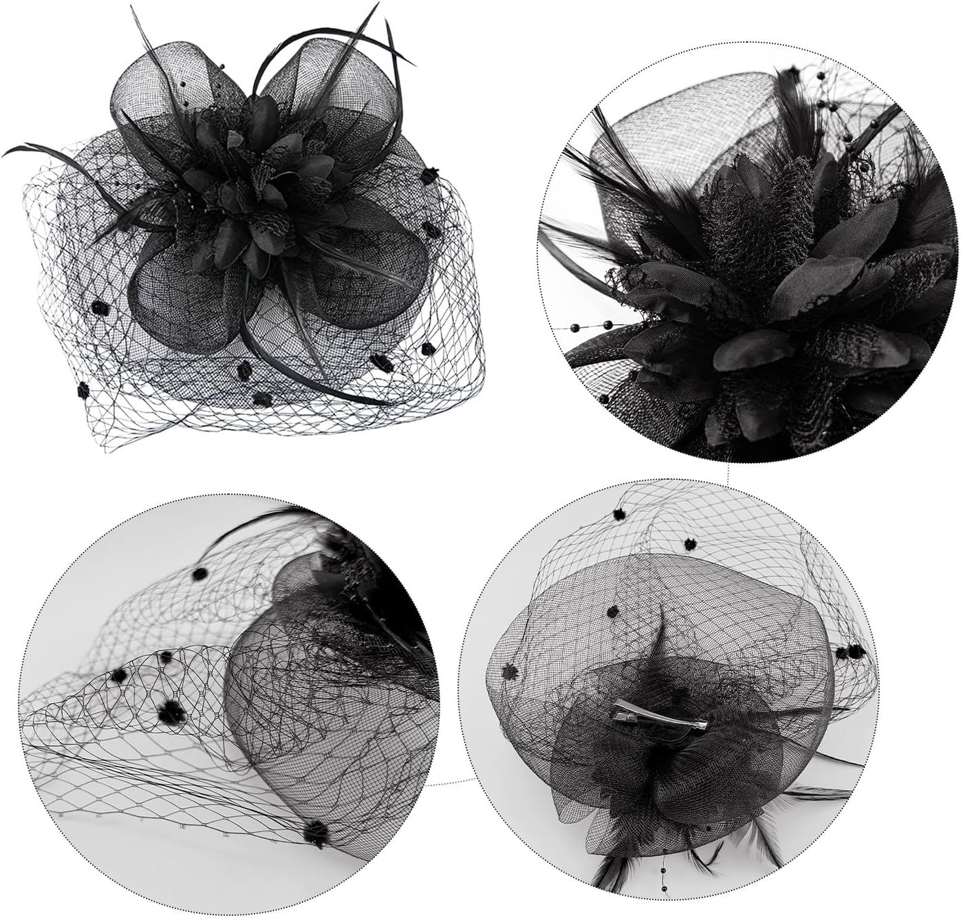 1 Piece Veil Headband, Net Headpiece, Bridal Hair Accessories, Flower Clip with Feathers, Headband with Hat (Black) image number 2