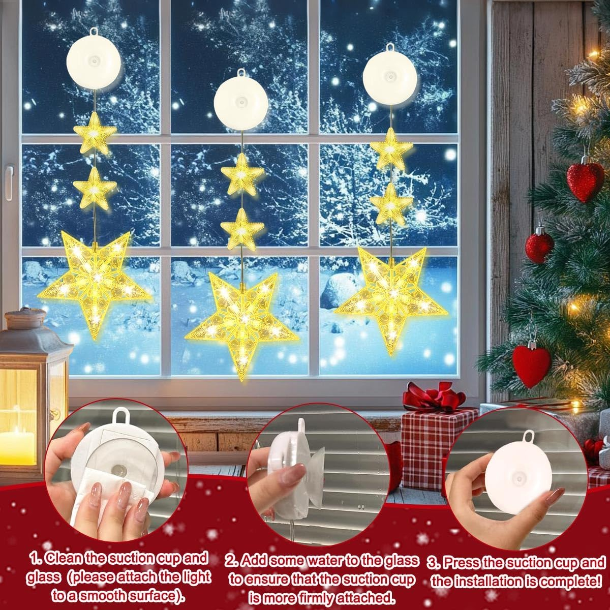 LGZIN Christmas Lights Window Indoor, Pack of 3 LED Stars Christmas Lights, Christmas Decoration Window Indoor Fairy Lights with Suction Cup, Christmas Decoration Window Illuminated Warm White For image number 2