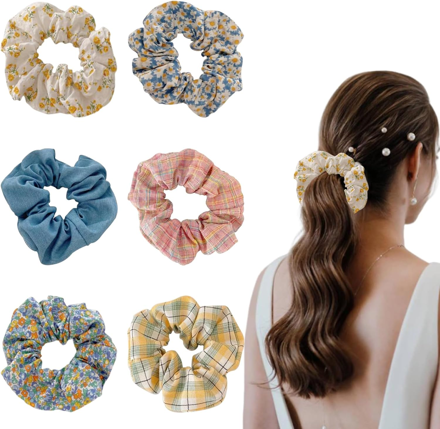 6 Styles Scrunchies, Floral Pattern Hair Scrunchies, Women, Elastic Hair Bobbles, Ponytail Hair Accessories for Girls, Women, Vintage Floral Hair Bobbles (Pink 1) image number 2