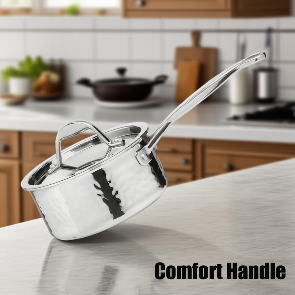 16Cm Tri-Ply Stainless Steel Saucepan with Lid, 18/10 Stainless Steel Pot, Sauce Pan, Oven Safe Cooking Pot, Induction Compatible, Dishwasher Safe image number 1