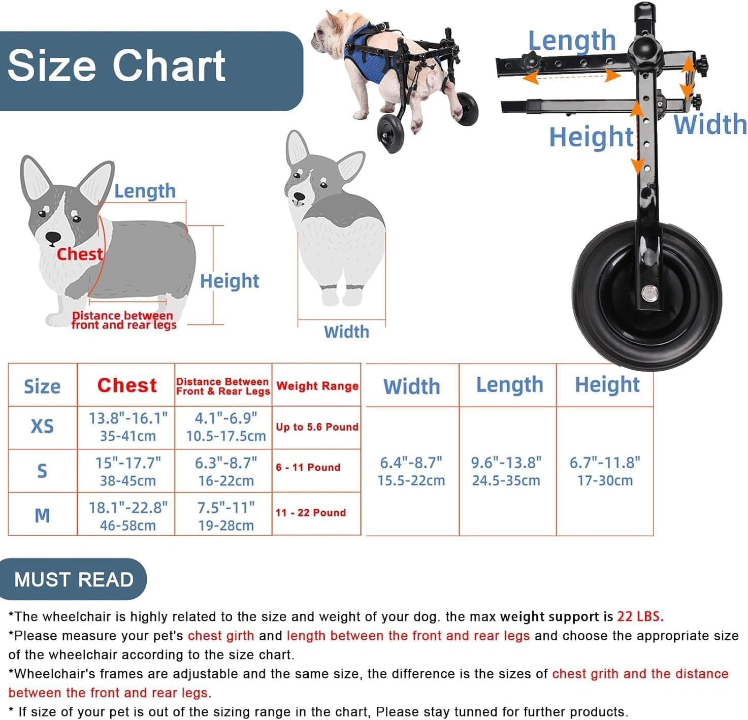 Adjustable Dog Wheelchair, Lightweight Dog Scooter for Back Legs, Max 11 Pound Dogs, Wheelchair for Paralyzed Injured Lame Disabled Handicapped Dogs - XS image number 6