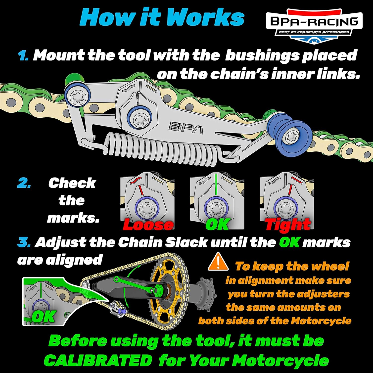 Bpa&ndash;Racing Motorcycle Chain Slack Adjuster Tool - Innovative Chain Tensioning Tool for Easy, Quick & Precise Chain Slack Adjustment- Slack Setter Tool (Red)