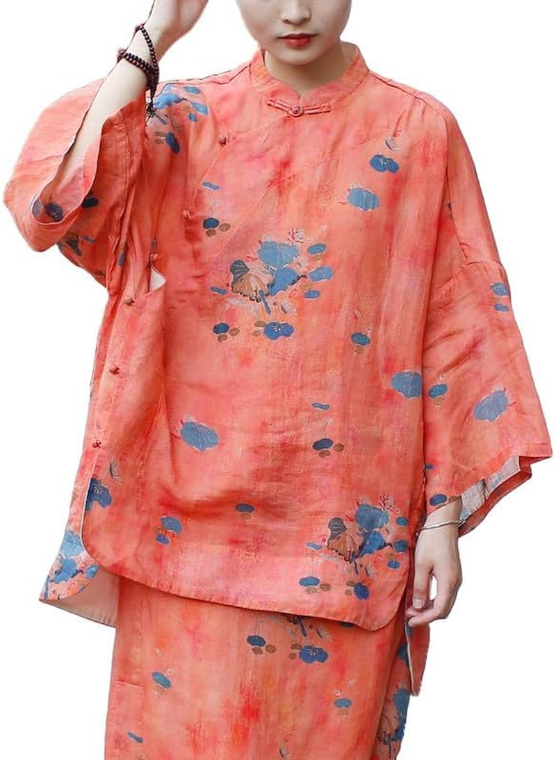 Women'S Vintage Chinese Style Linen Shirt Loose Fit Stand Collar Frog Button Top Blouse