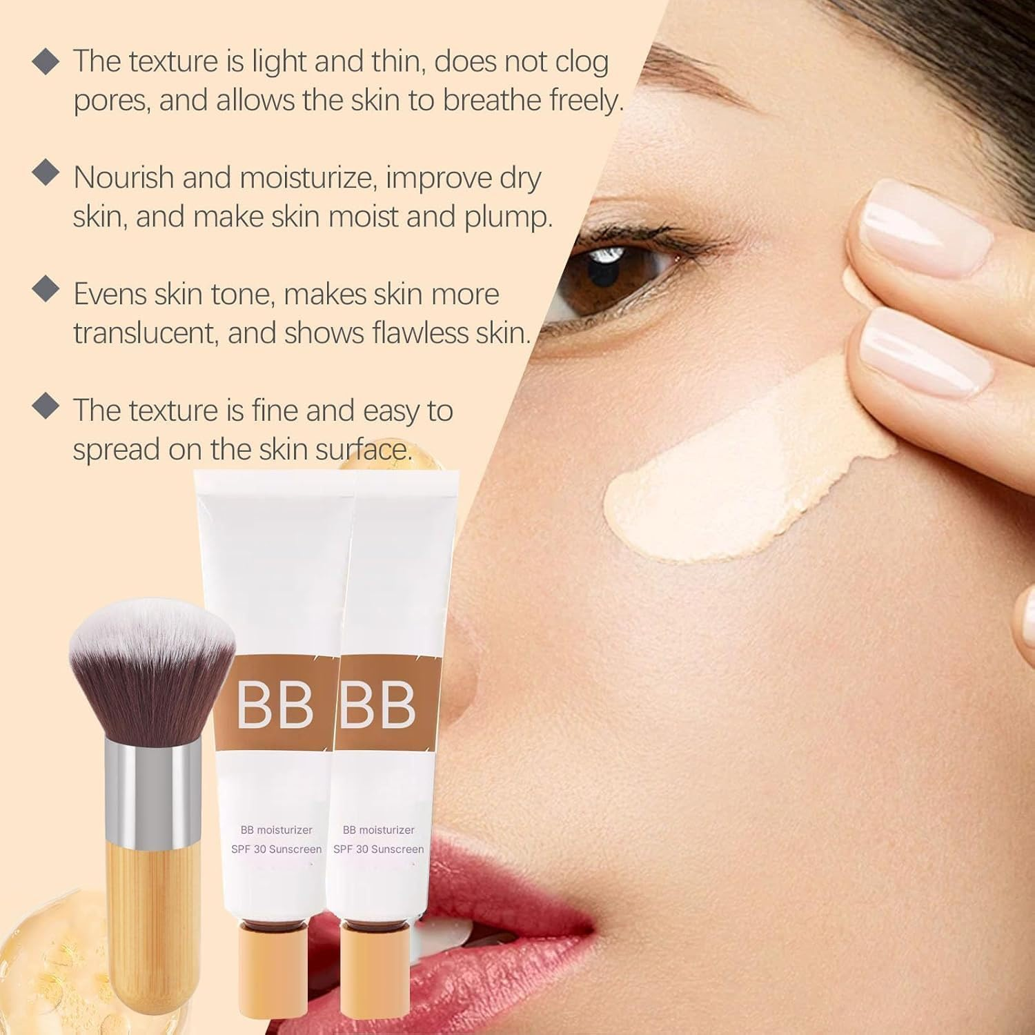 Bb Blur Tinted Moisturizer Spf 30, Bb Cream Tinted Moisturizer, Smooths Moisturizing Coverage Foundation Cream with Brush, Full Coverage, Oil-Free, Light, Hydrates (2Pcs-Natural) image number 1