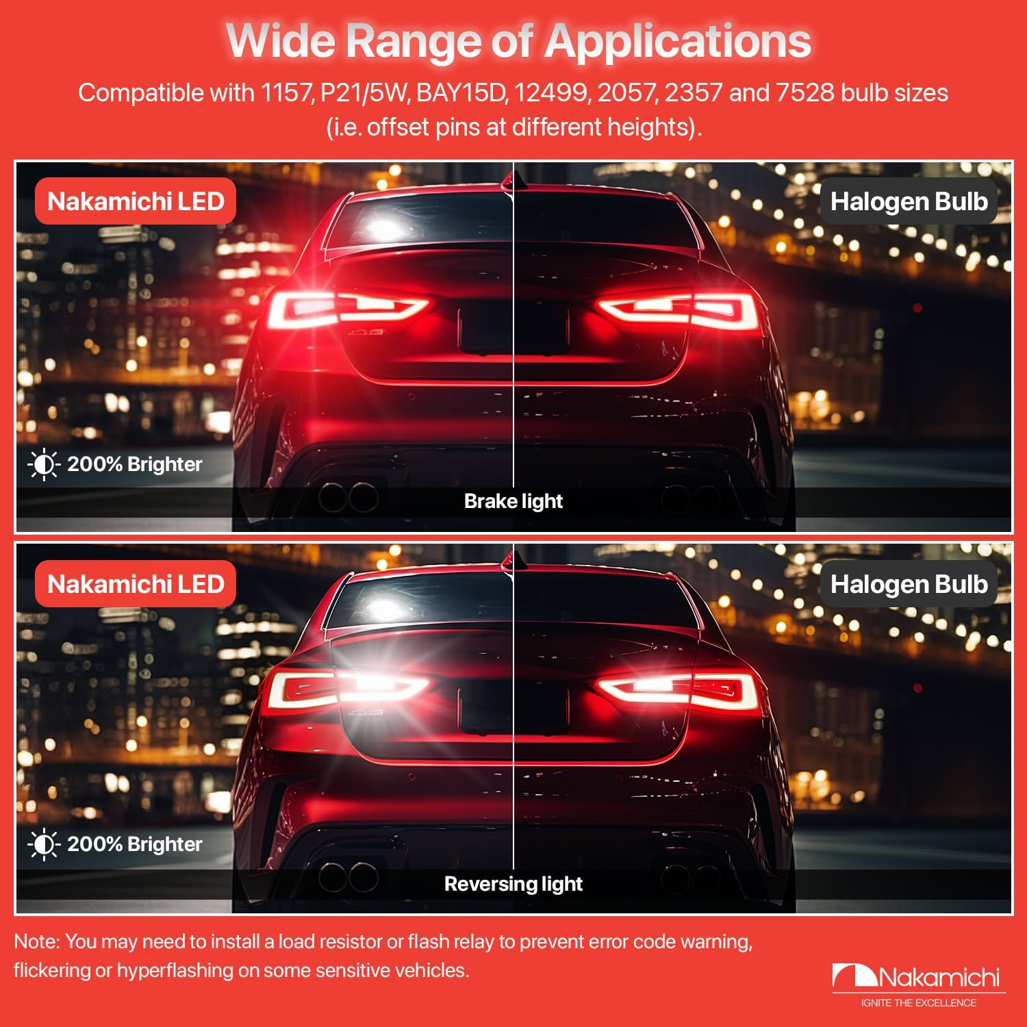 Nakamichi 1157 7528 P21/5W BAY15D Car LED Bulb Super Bright 30-SMD 3020 Chip with Canbus Error-Free 12,000 RPM Fan for Brake Turn Signal Indicator Parking Tail Light (Monza Red, 30 Leds, Pack of 2) image number 2