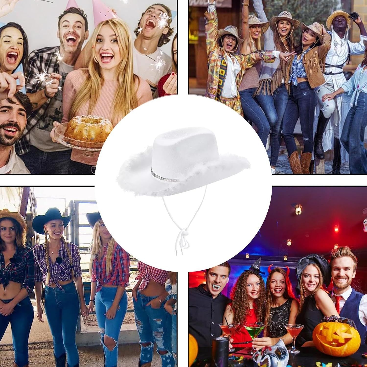 Cowboy Hat with Feathers,White Bride Western Cowgirl Hats - White Feather Trim Cow Girl Hat for Women, Music Festival, Beach Party, Cowgirl Party - Pink image number 3