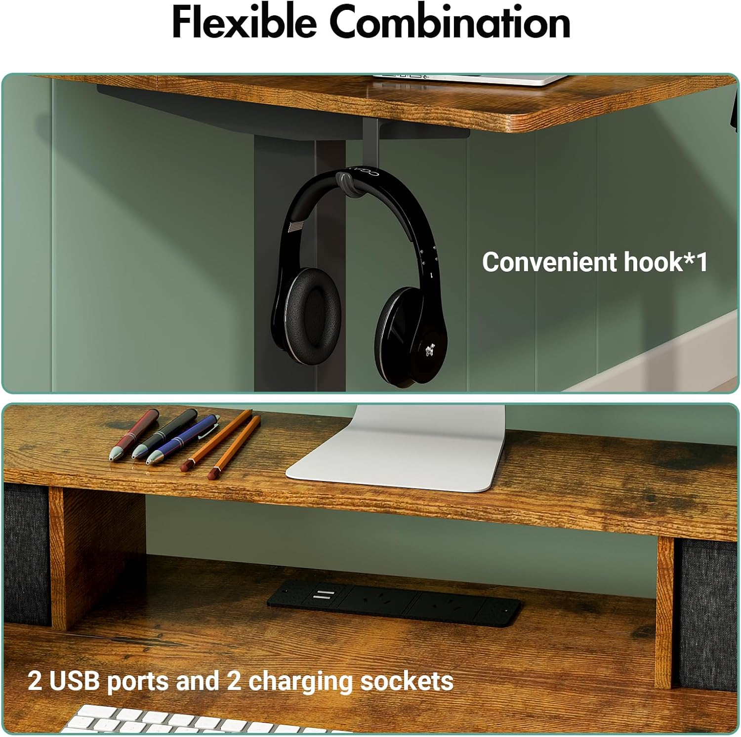 Ufurniture Electric Standing Desk with 2 Drawers, Adjustable Height Sit Stand up Desk with Storage Shelf, 120Cm Splice Board Walnut image number 2