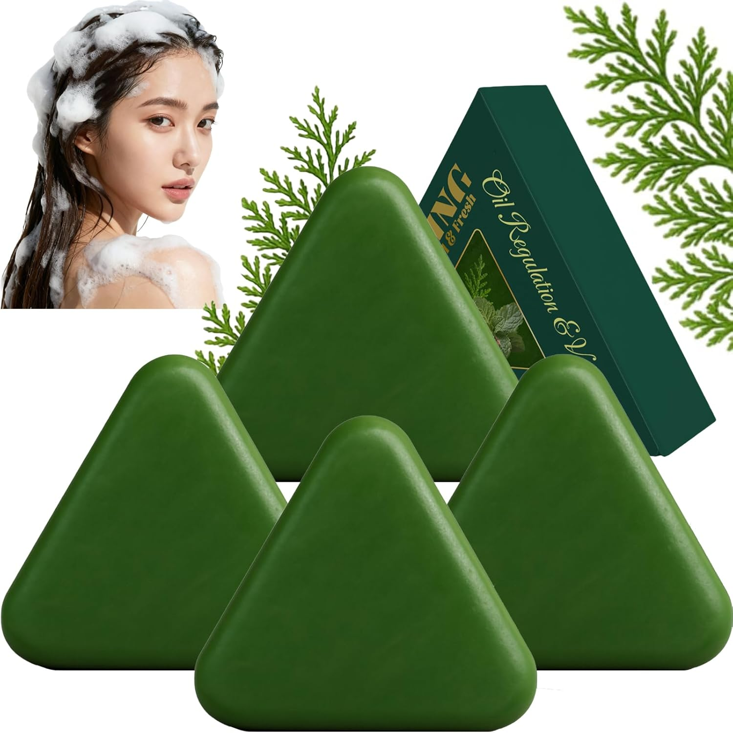 Cypress Leaf Hair Soap Nature Triangle Shampoo Bar, Triangle Green Shampoo Bar, Gentle Cleansing, Calming & Strengthens Hair, Plant-Based Solid Soap for Women & Men, Improve Frizziness (2Pcs)