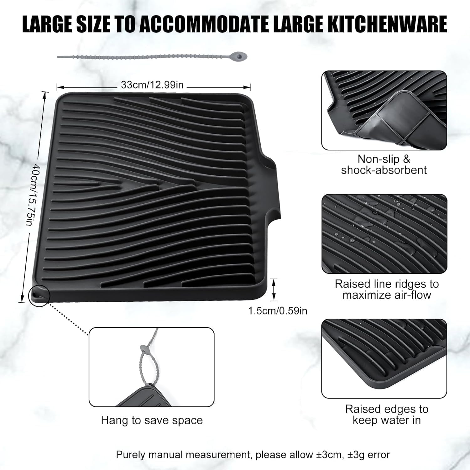 Silicone Dish Drying Mat for Kitchen Counter, Dish Drying Pad, Non-Slip Drain Pad with Built-In Drain, Heat Resistant Stone Drying Mat (Black, 40*30Cm) image number 1