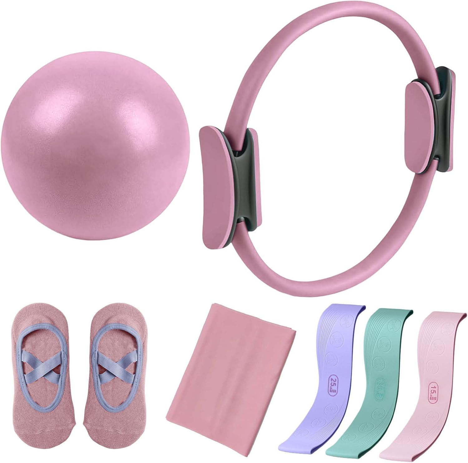 Pilates Essential Kit - Home Pilates Equipment Set with Pilates Ring & Long Resistance Bands & 3 Level Pilates Loop Bands & Soft Pilates Ball & Pilates Grip Socks